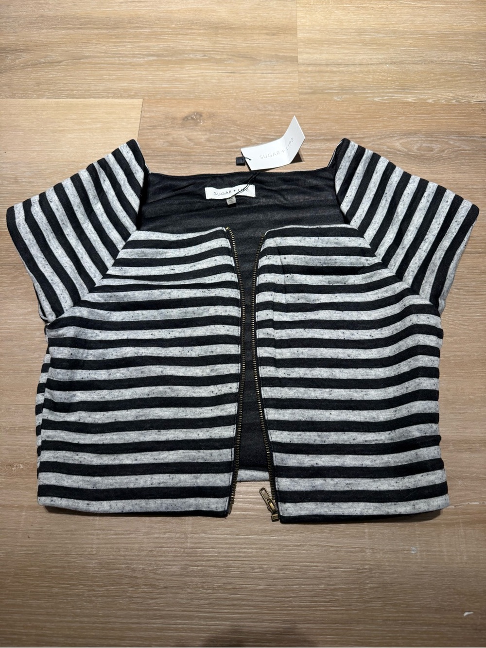 Sugarlips Black & Gray Striped Zip-Front Top